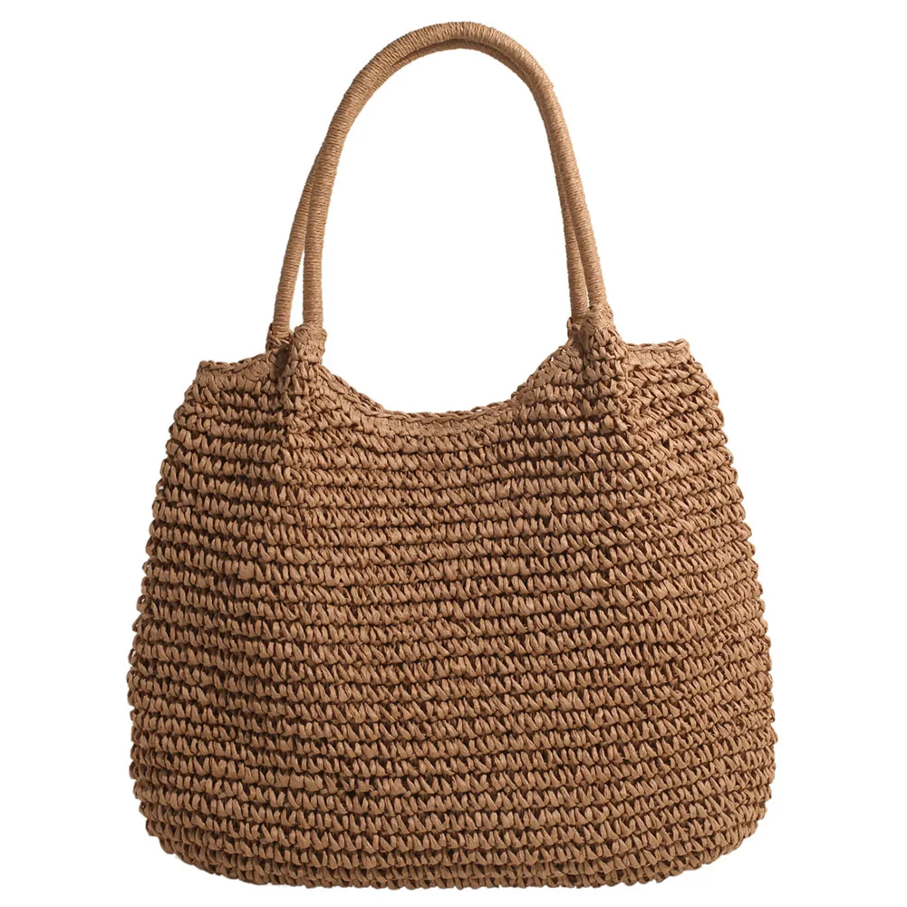 Women Straw Tote Handbag Large Capacity Vintage Shoulder Bag Solid Color Crochet Beach Handbag Ladies Summer Daily Bag