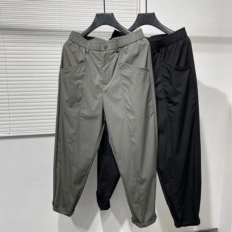 2024 Summer Simple Harajuku Style Men's Solid Color Elastic Zipper Pocket Ice Silk Thin Versatile Casual Workwear Haren Pants