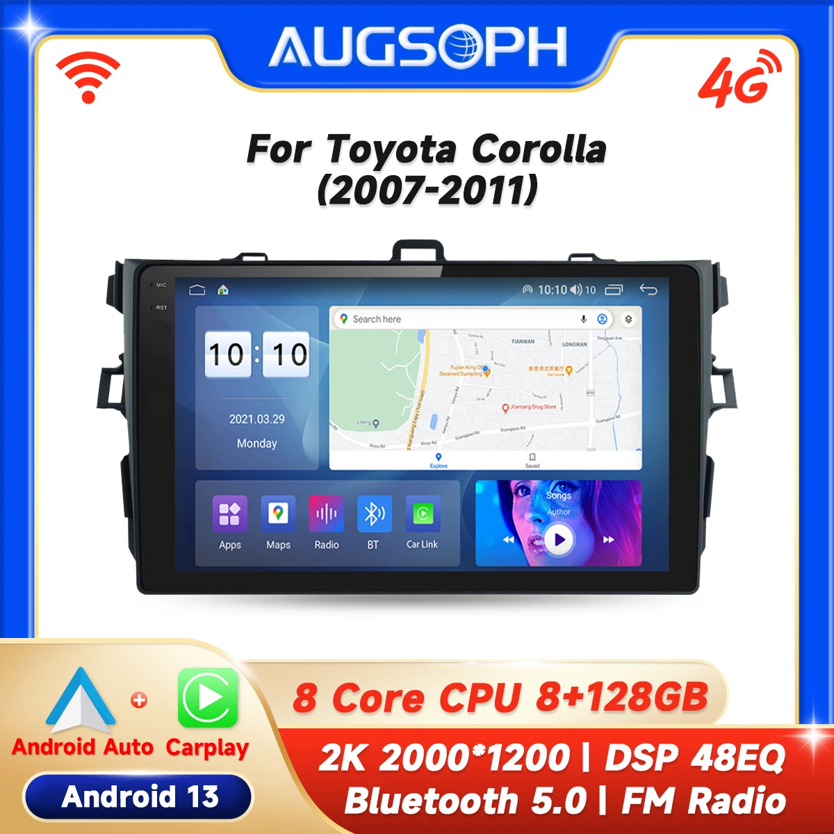 

Автомобильный радиоприемник Android 13 для Toyota Corolla 2007-2011, 9-дюймовый мультимедийный плеер с 4G + WIFI Автомобильный видеопроигрыватель и 2Din GPS-навигация.