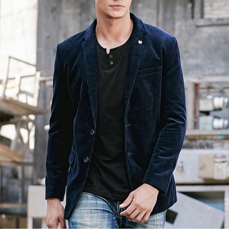 Mens Blazer Brand Corduroy Business Spring Autumn Vintage Cotton Casual Slim Fit Suit Size M-4XL mens blazer