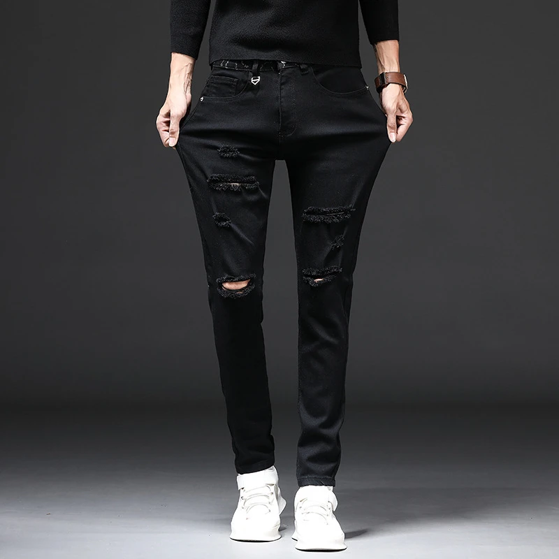 EH·MD® Summer Black Ripped Jeans Men's Simple High Elastic Small Feet Slim Fit Cotton Comfortable Breathable Scraped Metal New22