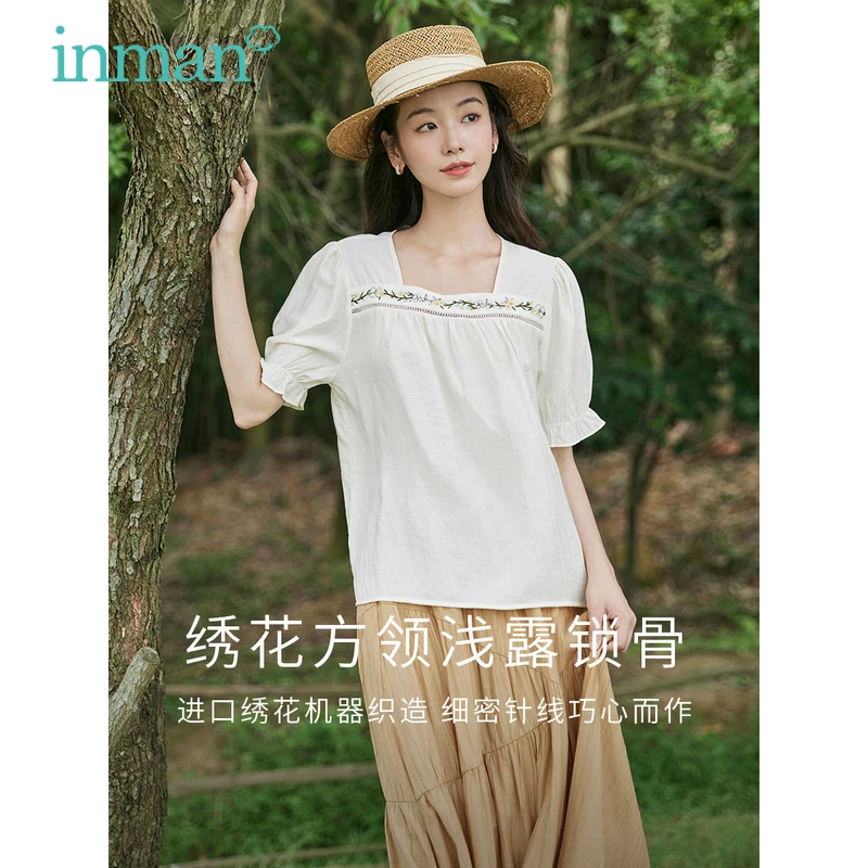 INMAN Women Blouse 2023 Summer Puff Sleeve Design Hollow Lace Embroidered Square Collar Loose Shirts Casual Apricot Blue Tops