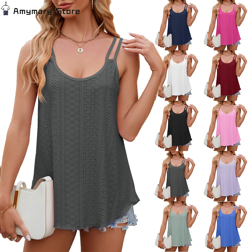 

2024 New Summer Women's Sling Hollow Round Neck Vest Casual Simple Sleeveless T-shirt Pullover Seaside Holiday Beach Shirt S-2XL