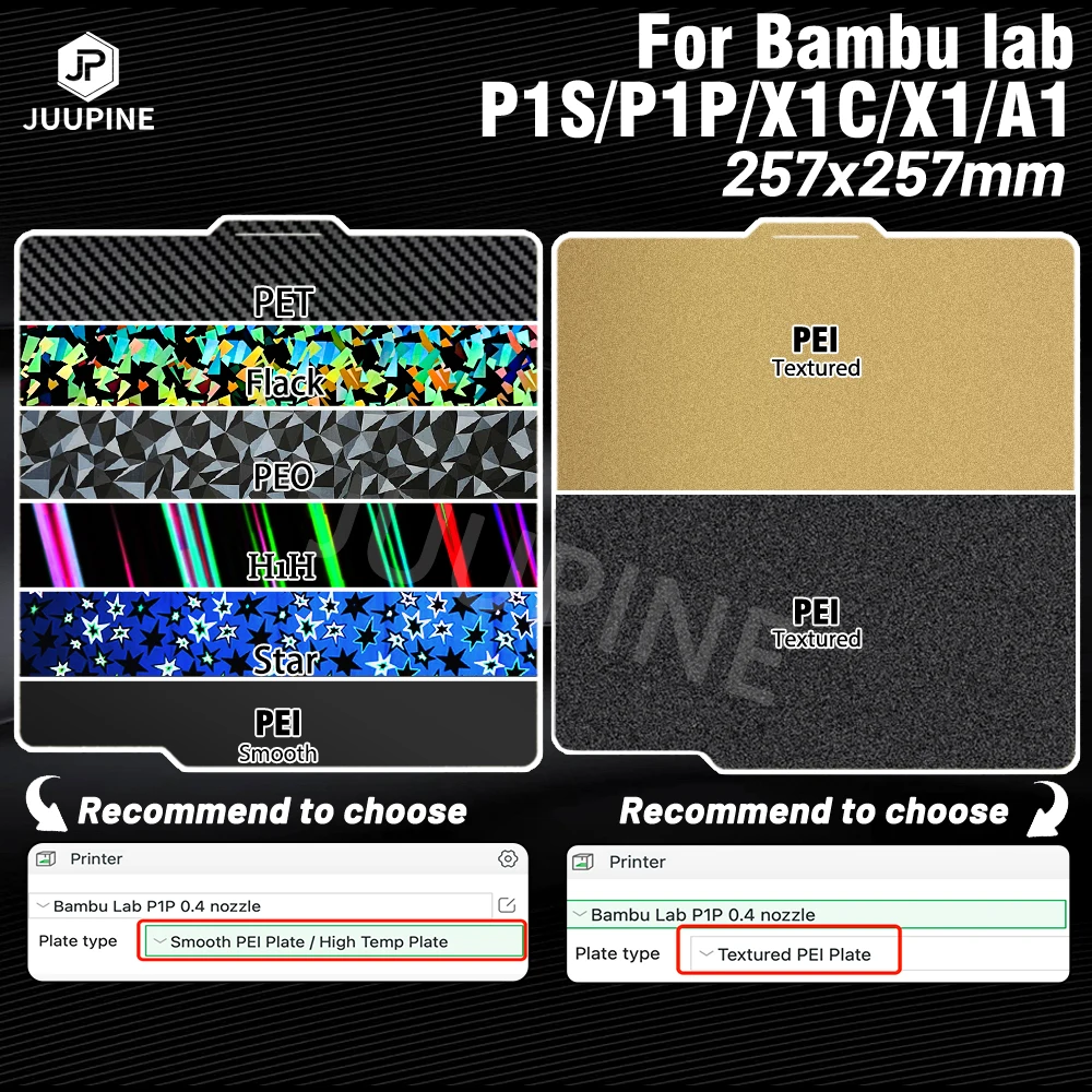 3D Printer Build Plate JUUPINE For Bambulab 257x257 Spring Steel Sheet Pei Peo H1H Pey Sheet A1 X1C P1S