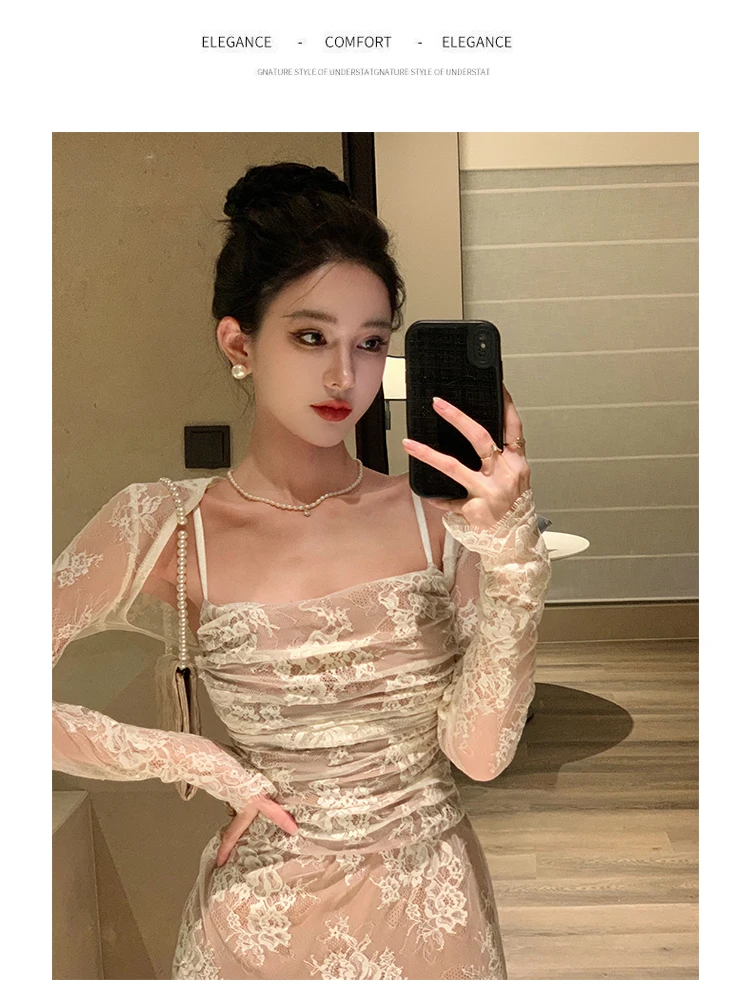 Sexy Bodycon Lace Long Dresses for Women Wedding Party Dress Spaghetti Strap with Smock French Vintage Evening Maxi Vestidos New