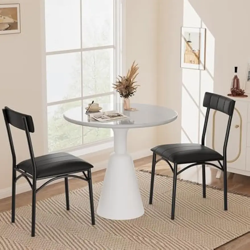 Dining Chairs Set of 2. Upholstered. PU Leather. Kitchen & Living Room. Comfortable Seat. Easy Assembly. Classic Black.