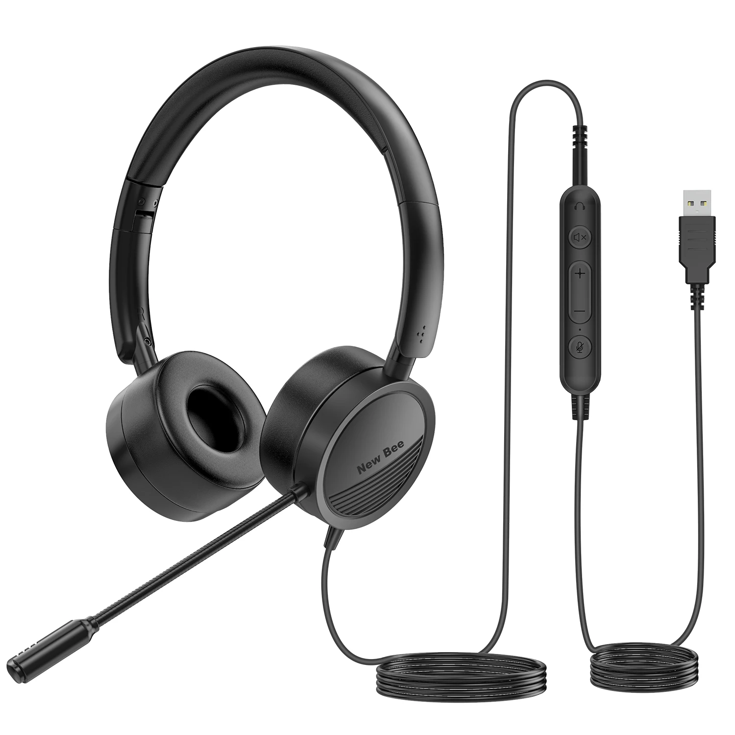 New Bee H360 USB Headset with Microphone for PC 3.5mm Business Headset with  Mic Mute Noise Cancelling for Call Center Headphones