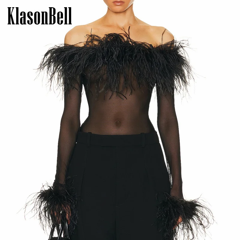 

2.1 KlasonBell Black High Street Fashion Sexy Off-Shoulder Cuff Ostrich Feather Decoration Skinny Top Bodysuit Women Clothes