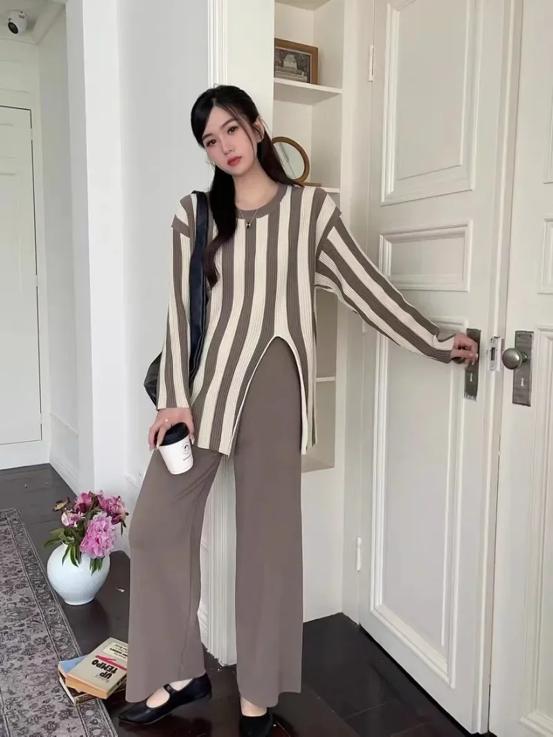 Striped Knitwear Fashion 2 Piece-Set For Women Contrast Long Sleeve Split Straight Trousers Outfits Women's Pants Sets