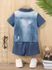 2025 New Imitation Cotton Fabric Denim Digital Print Lapel Short Sleeve Shorts Version Trend Retro For Boys Outdoor 2 Sets 3