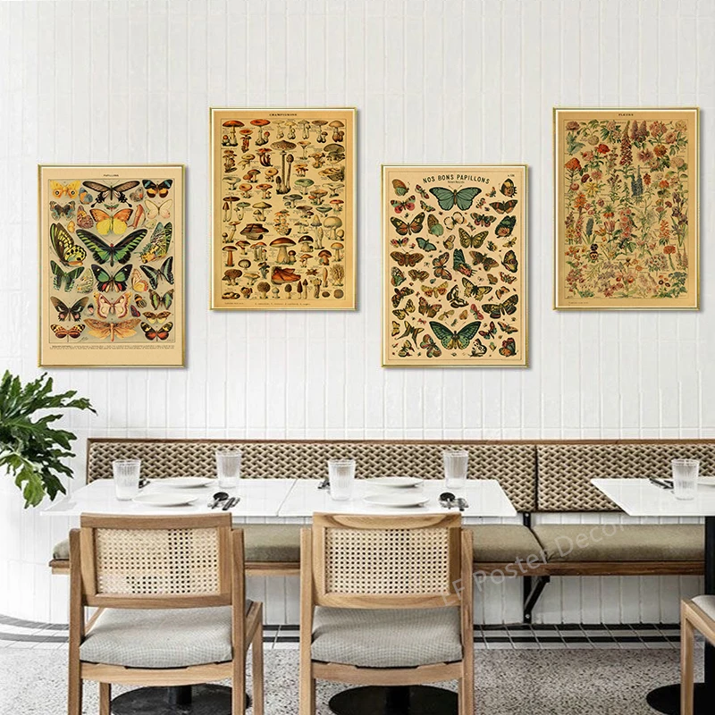 Wall Art Print Botanical Art Prints Mushroom Retro Poster Animal/Flower/Plant/Leaf/Butterfly Study Painting Vintage Study Room Home Wall Decor
