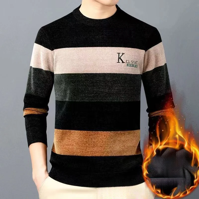 Thicken Winter Thermal Men Plus Fleece Sweater Loose Round Neck Long Sleeve Printing Stripe Contrast Color Pullover Knitted Tops 6
