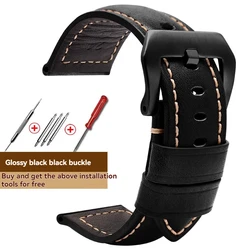 Genuine Leather Retro Matte Handmade Watch Strap - 24mm (B black - black)