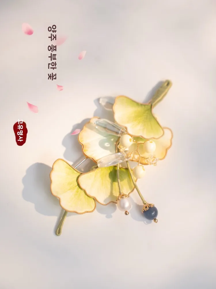 수제 실크 펑지 매화꽃 머리핀 가슴핀 선물 신상 중국풍 클래식 상큼한 은행잎 디자인 헤어 액세서리
