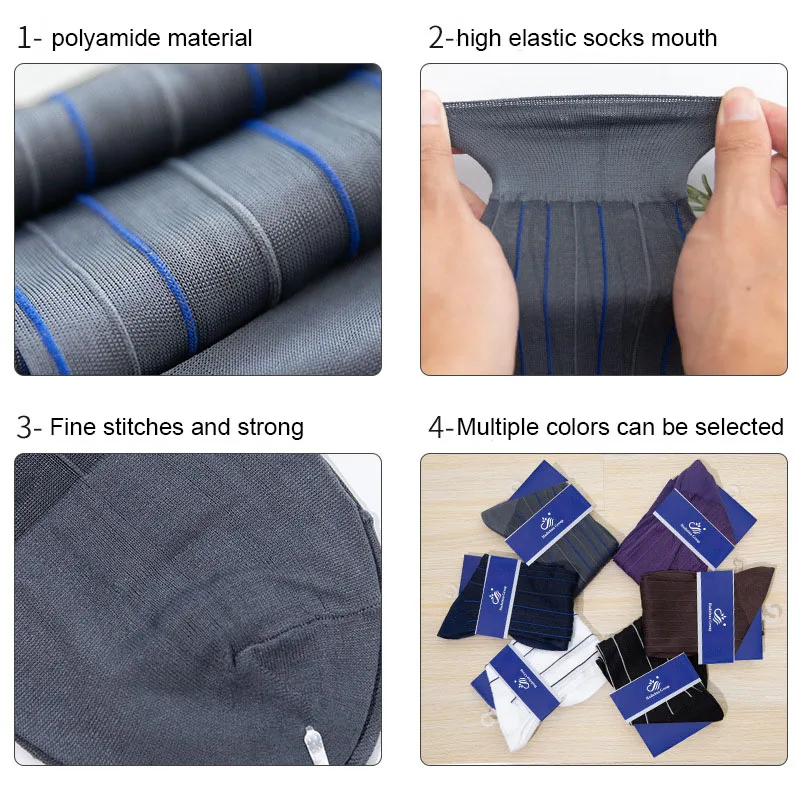 6 쌍 대형 브랜드 남성 비즈니스 드레스 실크 양말 고품질 폴리 아미드 스타킹 긴 세로 줄무늬 중반 송아지 양말 남자 선물