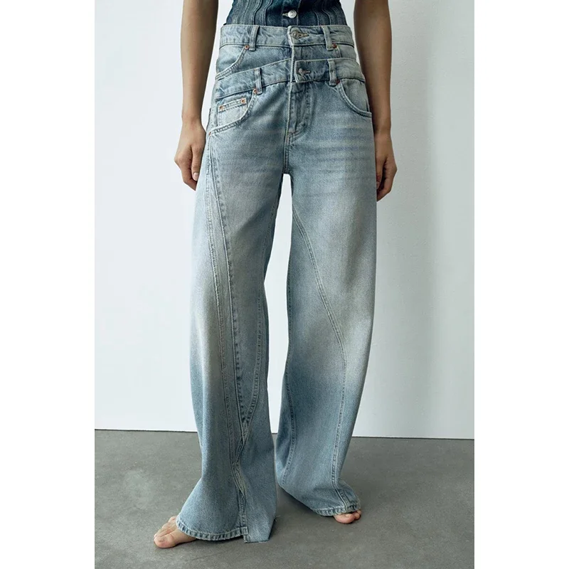 Women's Blue Jeans Vintage Belt Patchwork Wide Leg Pants Casual High Waist Baggy Self Cultivation Denim Trouser Ladies Winter