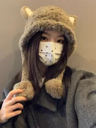New Cute Cartoon Fury Hat with Long Ears Lace up Versatile Autumn and Winter Warmth Ear Protection and Windproof Pullover Hat