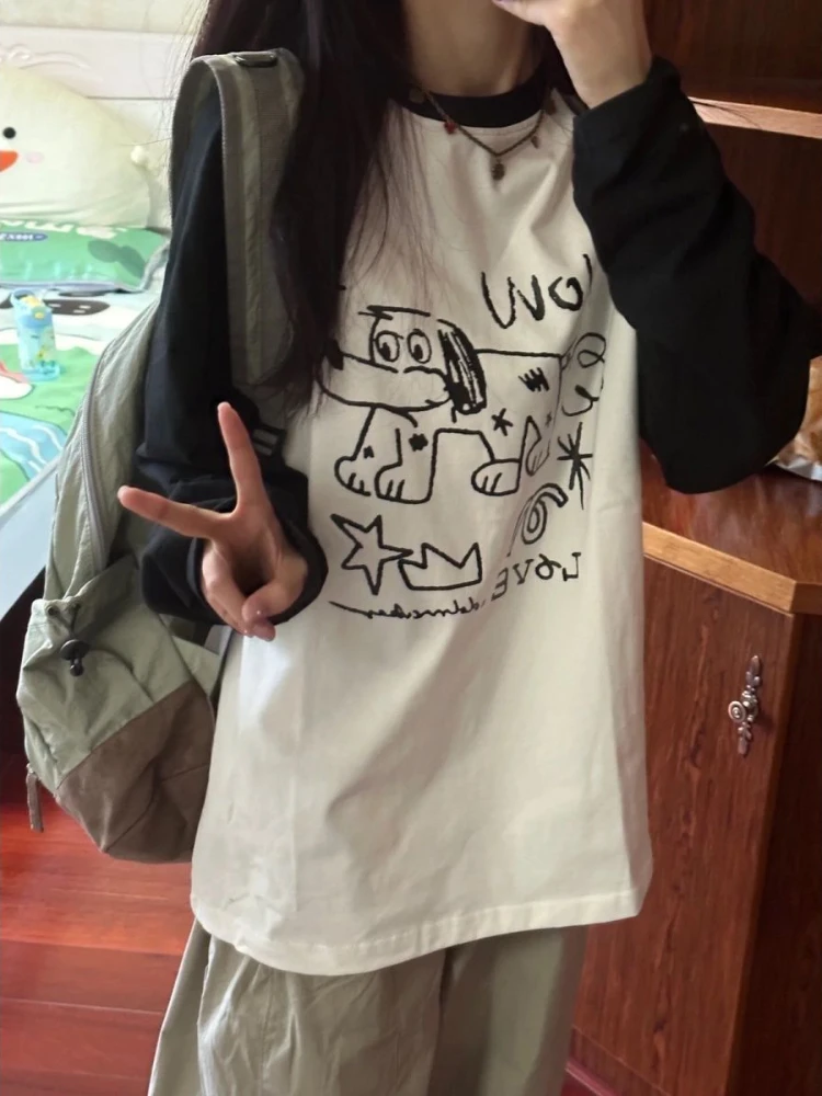 

ЯПОНСКИЕ ВИНТАЖНЫЕ повседневные милые футболки Y2k в стиле преппи, оверсайз, Хучжоу, кавайные Графические футболки, женские милые топы с длинным рукавом и аниме