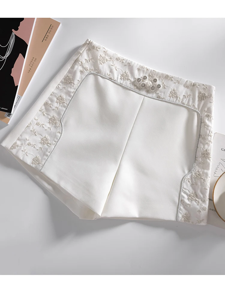 QOERLIN Chinese Style Beaded Embroideried Floral Shorts Women Elegant Wide Leg High Waist Black White Side Zipper Summer Shorts