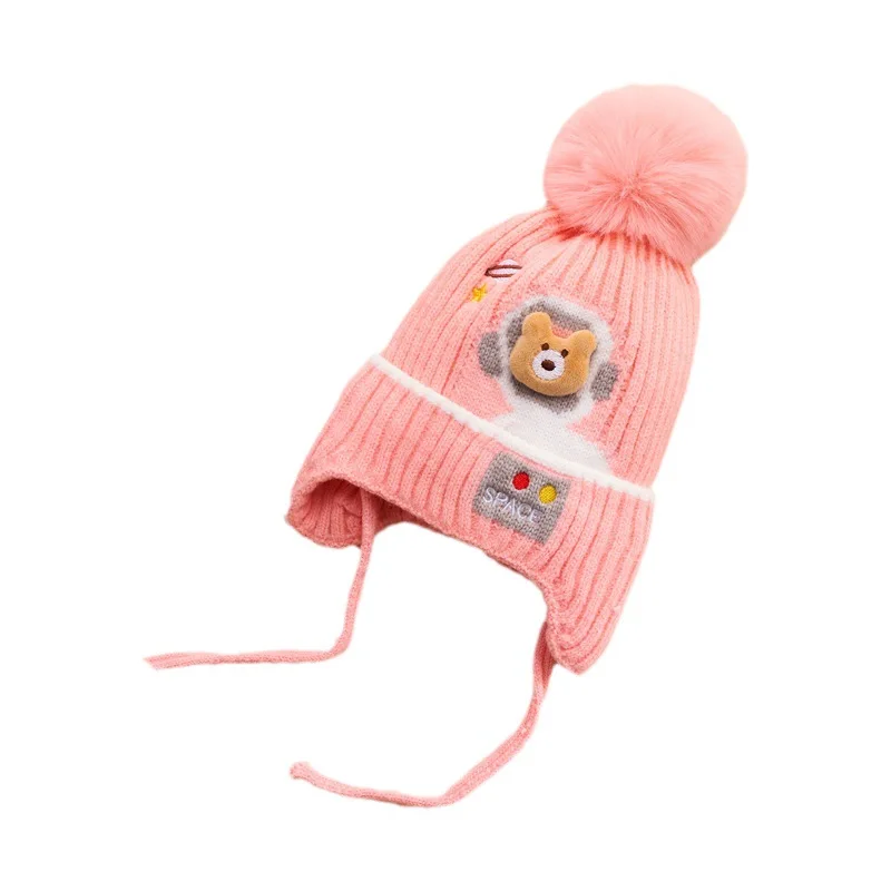 Urocza czapka zimowa pompon Babys niemowlę czapka nausznik dzianina ciepła czapeczka dla chłopców dziewczynki maluch dzieci podszyty polarem czapka Beanie darmowa wysyłka 1-4T