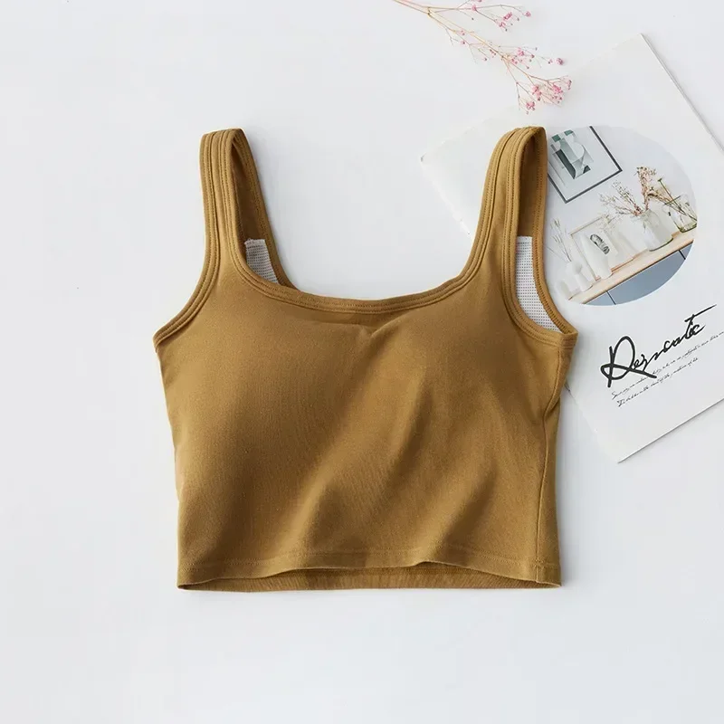 LO Sports Short Sleeved High Elastic Belt Chest Cushion Square Neck Short Vest Outdoor Sleeveless Exposed Navel Suspender Top