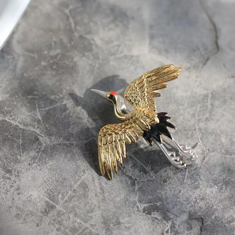 New Retro Polychrome Enamel Crane Brooch Pin Chinese Style Corsage Pin Brooch Women Unisex Bird Animal Party Brooch Pin Jewelry