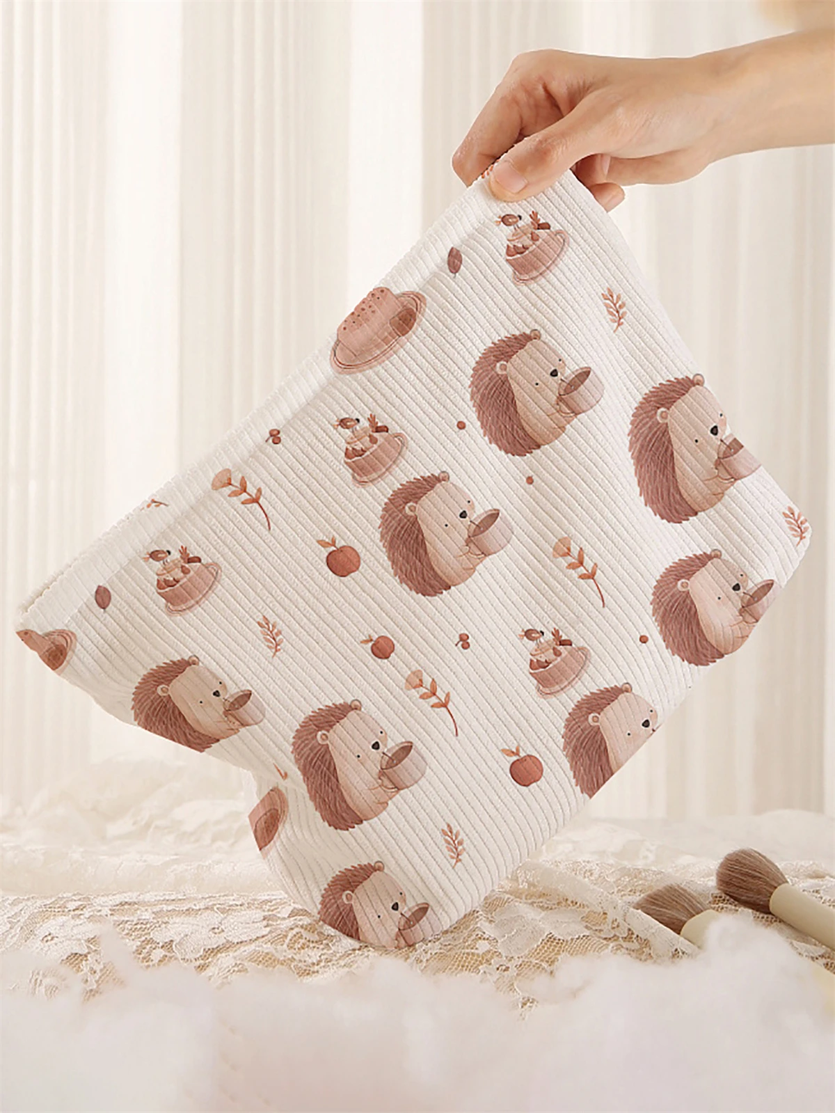 1 cartoon hedgehog pattern corduroy makeup bag, lightweight zipper makeup storage box, multifunctional bag with lining