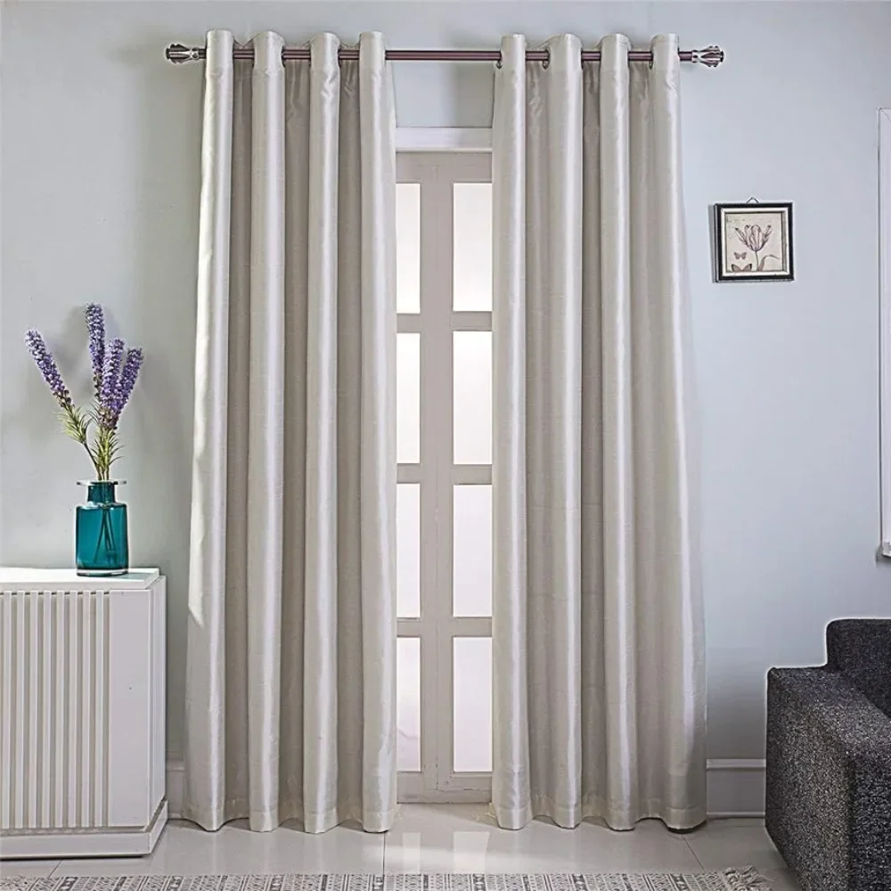

Faux Silk Room-Darkening Blackout Curtains (Beige Liner) Solid Window Treatment Drapes for Bedroom Living Room 66x90inch Shading