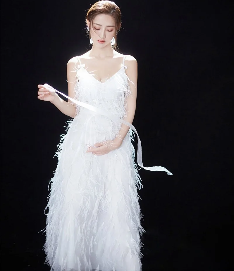 

Women's V Neck Maternity Dress For Photoshoot White Feather Sleeveless Elegant Cocktail Evening Party Wedding Dresses