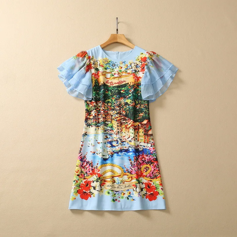 

European and American women's dress 2023 summer new style Short-sleeved landscape print crew neck Fashion dress XXL