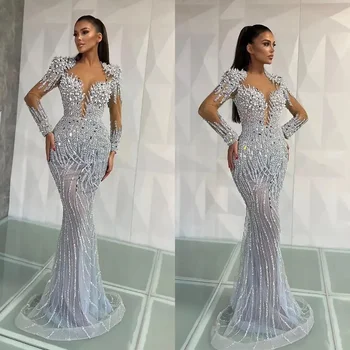 Customized Gorgeous Mermaid Prom Dresses Long Sleeves Illusion Shining Sequins Beads Pleats Court Gown Plus Size Party Dress 1
