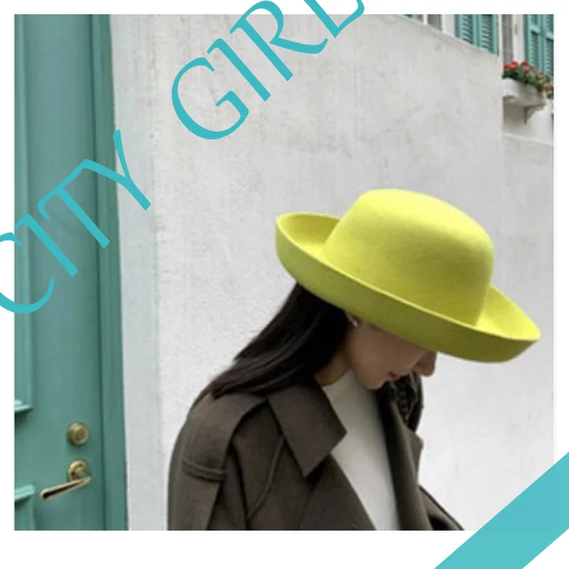 

Hat Autumn and winter new wool felt dome rolled top hat versatile travel photo wool hat luxury woman hat wedding ceremony