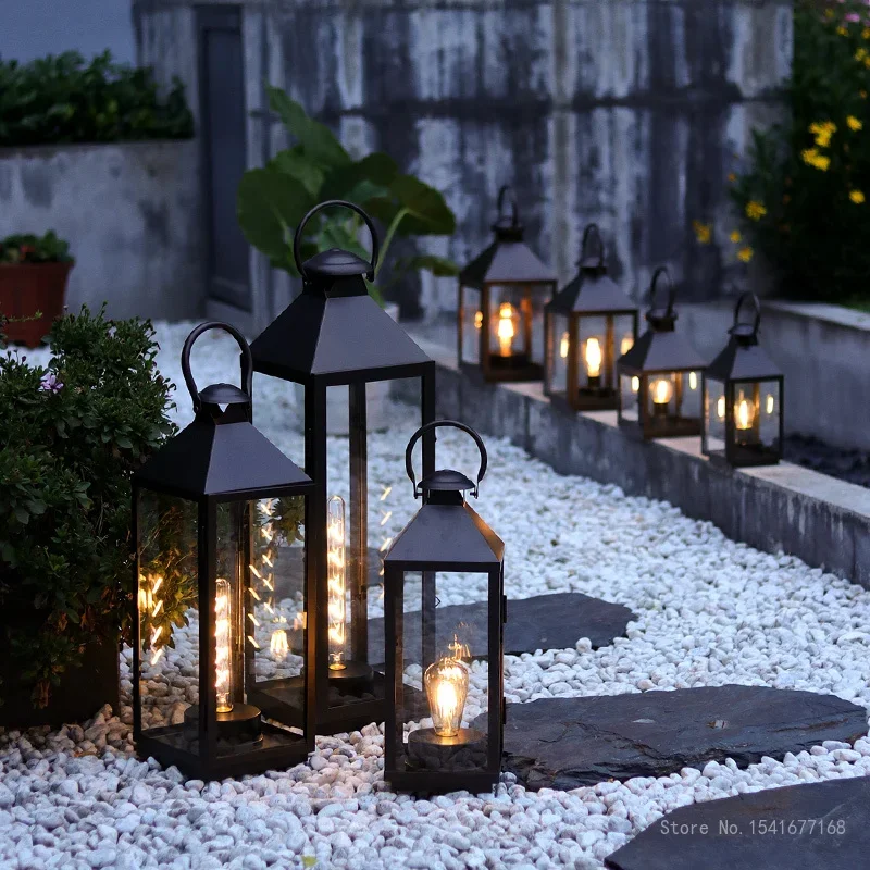 Nordic Outdoor Glass Windproof Candlestick, Wrought Iron, Floor Wind Lamp, Simple Shooting Props, Retro Garden Decor, 1Pc