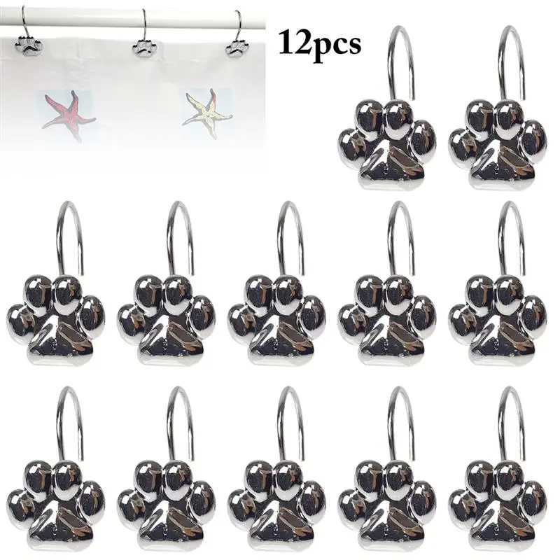 

12Pcs Curtain Hooks Bear Paw Cute Shower Curtain Hooks Bathroom Curtain Hangers Polished Stainless Steel Curtain Accessories