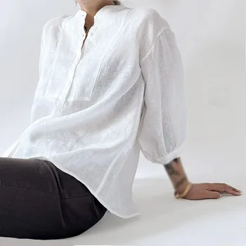 Linen high count summer 3/4 sleeve white sunscreen stand collar shirt