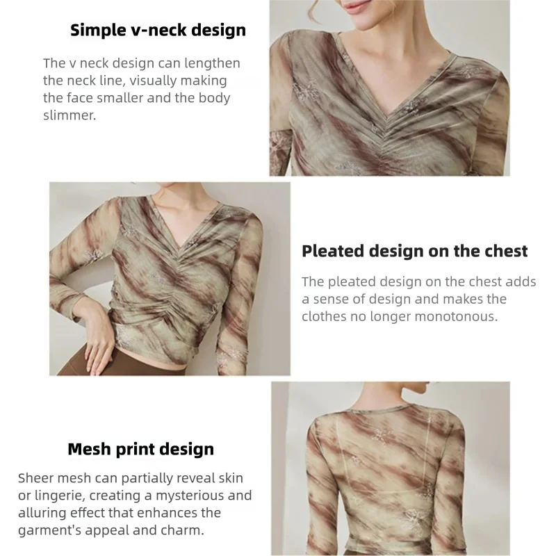 Women's Mesh V-Neck Yoga Top Printed Long Sleeve Breathable Quick-Dry Sports T-Shirt Outdoor Fitness Running Pilates Training 3