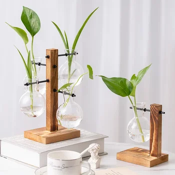 Terrarium Vase Decoration Home Bonsai Flower Plant Vases Vintage Flower Pot Transparent Wooden Frame Glass Tabletop Plants 3