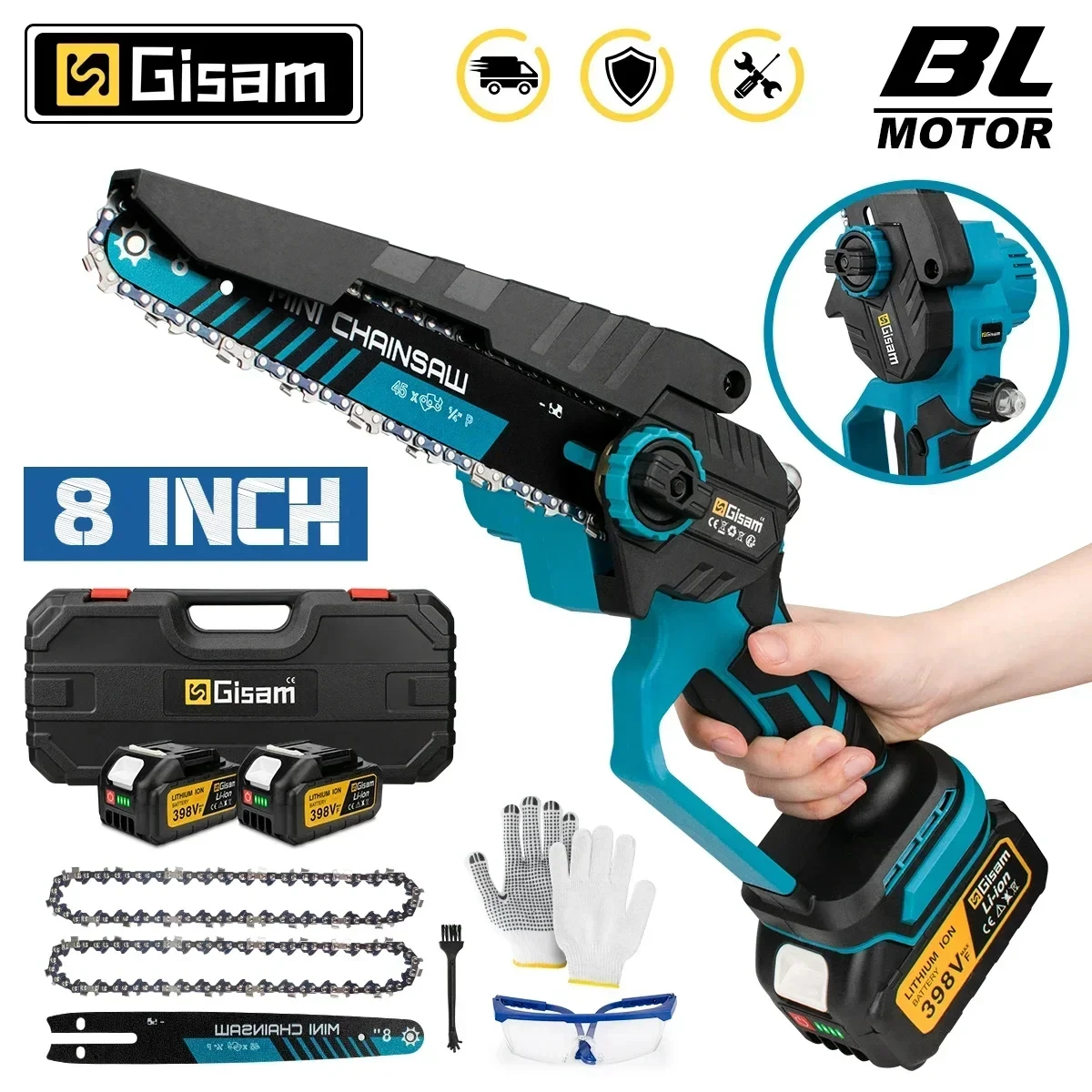 GISAM Brushless Electric Chainsaw, 8 inch cordless electric saw for woodworking and garden pruning, compatible with Makita 18V battery pins