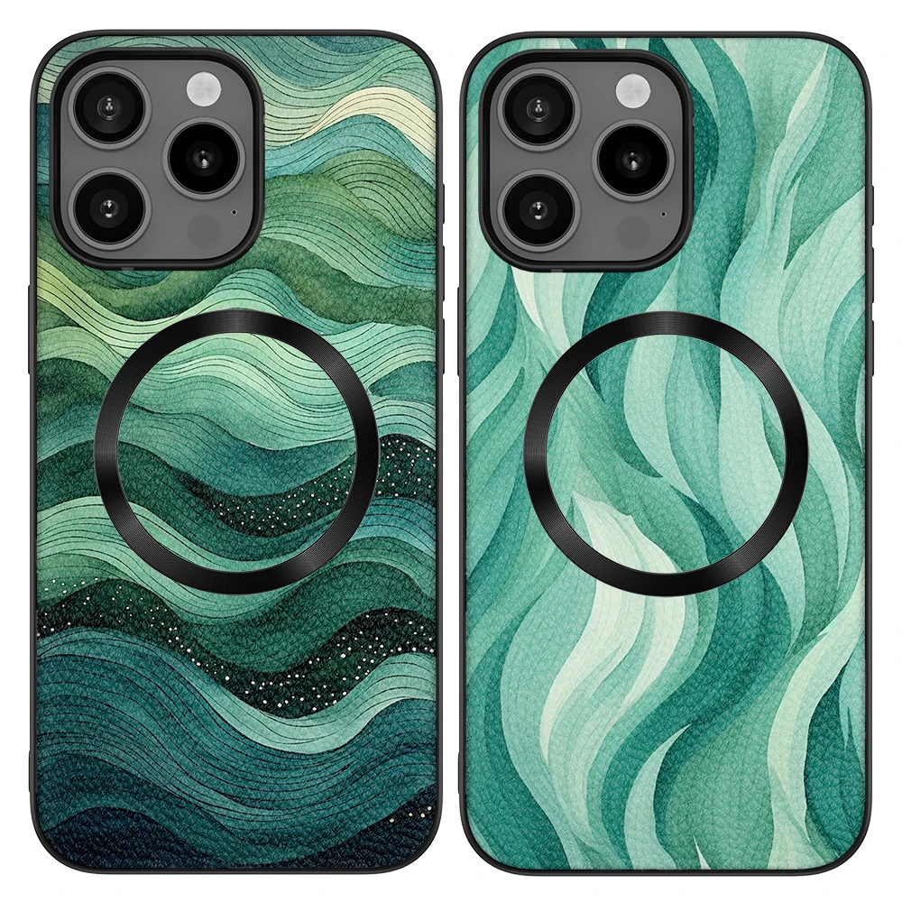 Custodia In Pelle Con Cover Posteriore Magnetica Per Iphone 12 13 14 Plus 15 Pro Max Magic Circle Stick Con Motivo Green Lake Blue Line