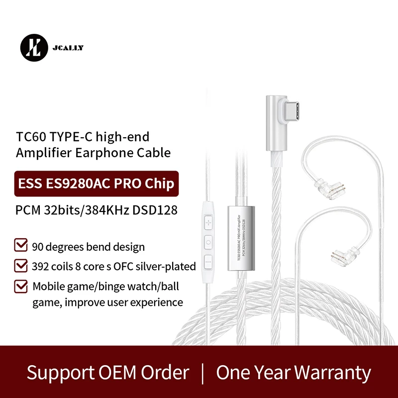 

JCALLY TC60 OFC Silver Plated ES9280AC PRO Type C High-End Amplifier Earphone Upgrade Cable QDC Pin for AS16 PRO ZAT With Mic