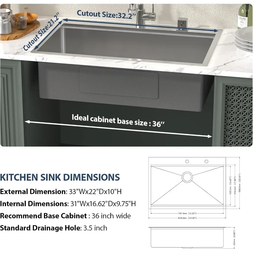 NEW-33 Drop In Kitchen Sink Workstation 33x22 Kitchen Sinks Drop In Stainless Steel 16 Gauge Single Bowl Handmade Topmount Sink