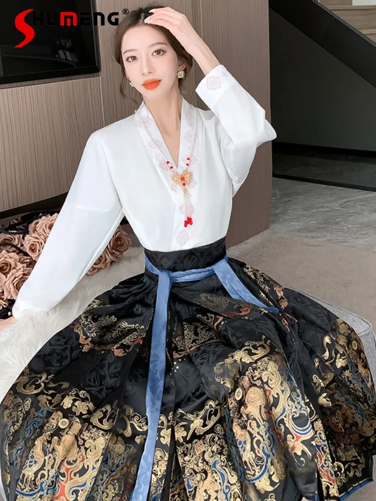 New Chinese Style Horse-Face Mid-Length Skirt 2023 Autumn and Winter New High Waist Modified Hanfu Cropped Skirts for Women