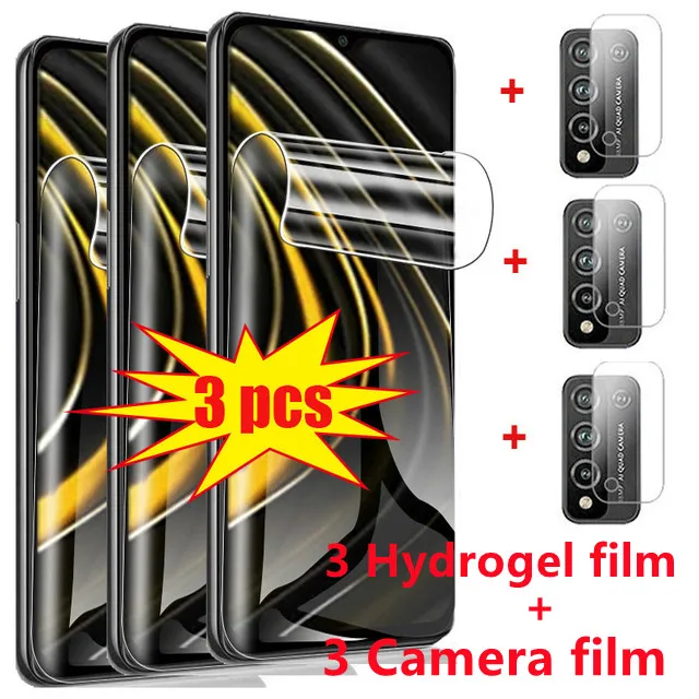 6-in-1 Hydrogel Film for Xiaomi Poco X3 Pro F3 M3 GT Screen Protectors for Redmi Note 10 9 Pro 10s 9T 9S 8T 5G Camera Lens Film 3 Hydrogel 3 Lens