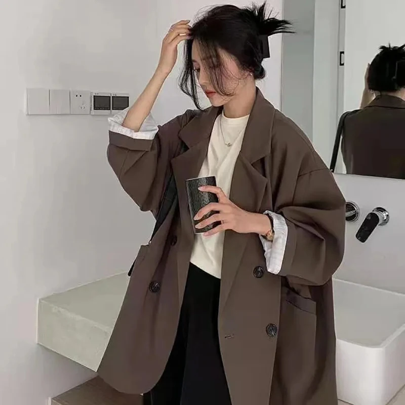 

GIDYQ Blazers Women Elegant Vintage Office Ladies Coats Korean Loose Preppy Style Suits Fashion Double Breasted Clothes Tops