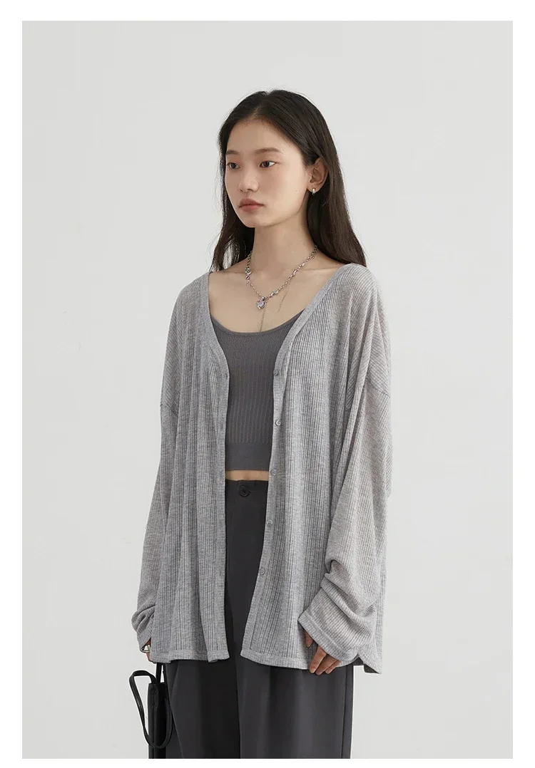 Solid V-neck Shirt Women Spring Single Breasted Chiffon Loose Slim All-match Sun Protection Thin Breathable Fashion Slim Cozy