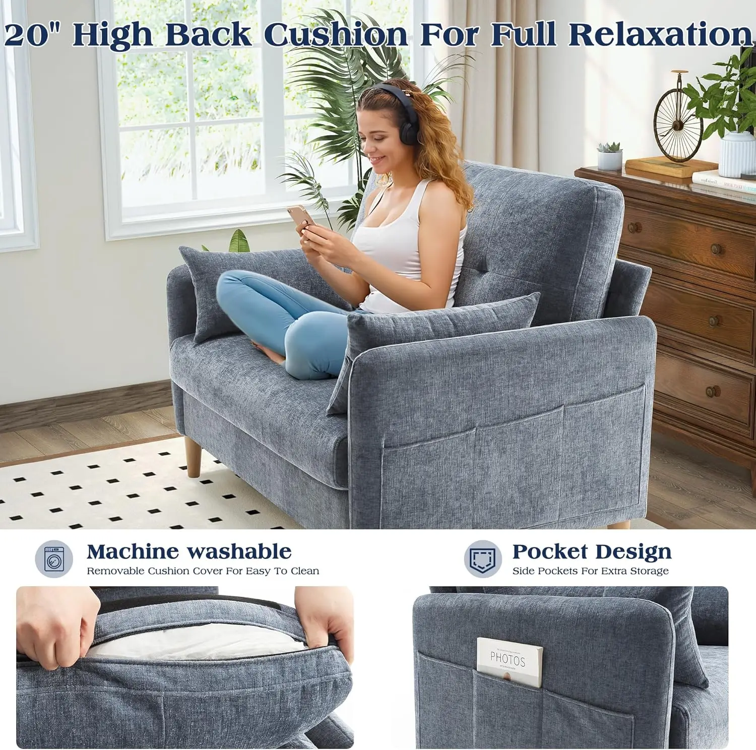 Loveseat Sofa, 47” Small Couch for Living Room,Comfy Chenille Fabric Love Seat for Bedroom with Throw Pillow,Removable Cushion