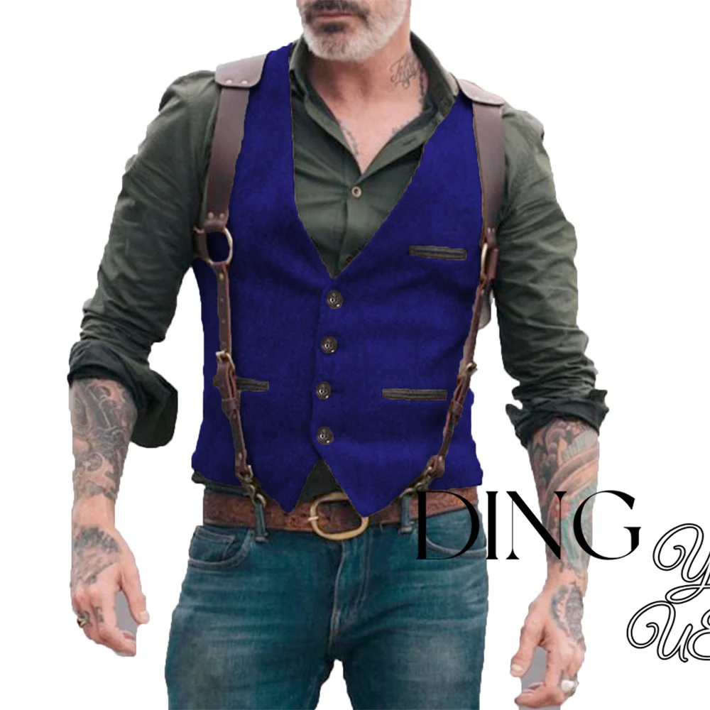 Pocket Men Suit Vest V Neck Jacket Herringbone Tweed Business Waistcoat Wedding Groomman Clothing Victorian Steampunk