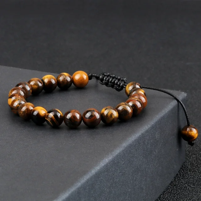 Pulsera de cuentas de piedra de ojo de tigre unisex, brazalete de cuerda trenzada ajustable, roca de Lava Natural, pulseras de equilibrio curativo de Yoga, 8mm
