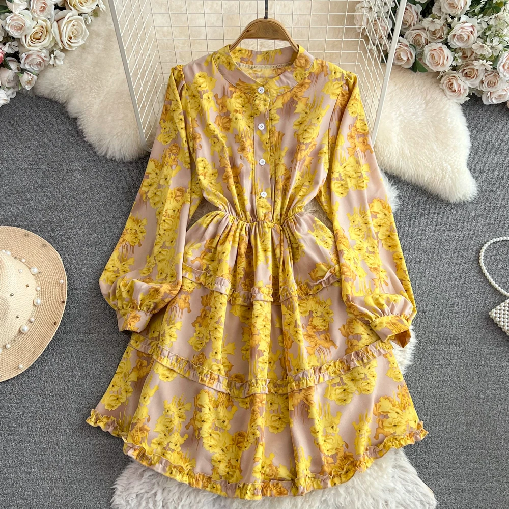 

VANOVICH Spring and Autumn New Korean Luxury Lantern Sleeved Stand Collar Waist Slim A-line Printed Ruffled Mid-length Dresses