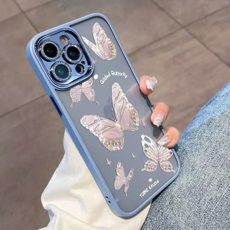 

Platinum Butterfly Painted Shell For iPhone 14 13 12 11Promax Fashion With Glitter Lens Film Anti-fall Case for iPhone 15 14Plus